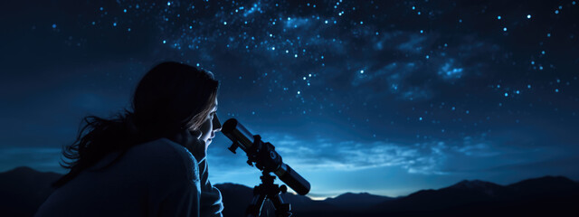 Astronomer looks at the night sky through a telescope