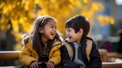Fototapeta premium Two children laughing happily sitting at a table outside during recess at school