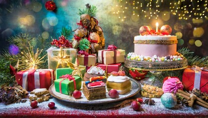 christmas cake with candles and decorations