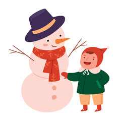 A cheerful child, the character is standing next to a snowman. Winter vacation. Hand drawn style