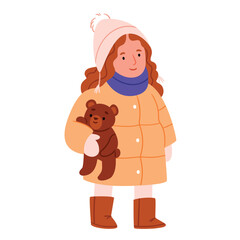 A cute girl in winter clothes is holding a teddy bear. Winter walk. Hand drawn style