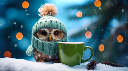 A cheerful cute owl in a knitted hat against the background of a winter forest with fir trees, snow and colorful lights. Postcard for the New Year holidays.