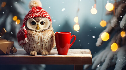 A cheerful cute owl in a knitted hat against the background of a winter forest with fir trees, snow and colorful lights. Postcard for the New Year holidays.