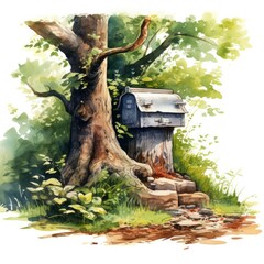 Watercolor mailbox in a tree on a white background.