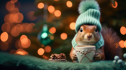 A cheerful cute squirrel in a knitted hat drinks cocoa from a cup against the background of a winter forest with fir trees, snow and colorful lights. Postcard for the New Year holidays.