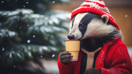 A cheerful cute badger in a knitted hat drinks cocoa from a cup against the background of a winter forest with fir trees, snow and colorful lights. Postcard for the New Year holidays.
