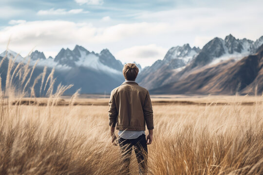 man stands in a field looking at mountains, generative ai
