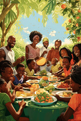 Generative AI illustration of large and happy black family eating dessert