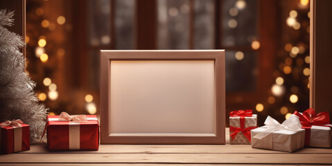 christmas mockup on a bokeh background with an empty wooden frame among wrapped gifts and balls,