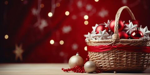 banner with a traditional Christmas basket on a bokeh background