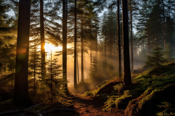 sunrise over a forest near trees, generative ai 