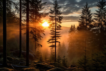 Fototapeta na wymiar sunrise over a forest near trees, generative ai 