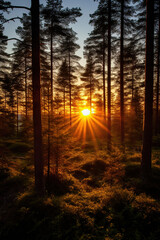 sunrise over a forest near trees, generative ai 