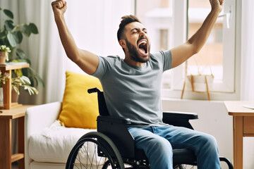 Excited happy young man in wheelchair, rejoicing over victory, new opportunity, getting good test results - obrazy, fototapety, plakaty