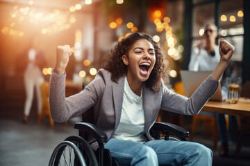 Excited happy young girl in wheelchair, rejoicing in victory, new opportunity, getting good test results - obrazy, fototapety, plakaty