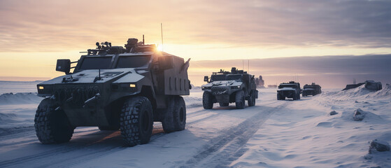 military equipment moves across a snowy plain, generative ai  - obrazy, fototapety, plakaty