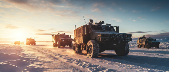 military equipment moves across a snowy plain, generative ai 