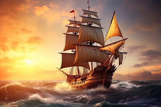 Pirate ship sailing on the ocean at sunset. Vintage cruise.