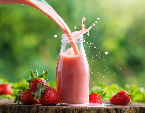 ottle of strawberry juice with milk splash out side the bottle on green nature background, healthy nutrition, copy space, freshness