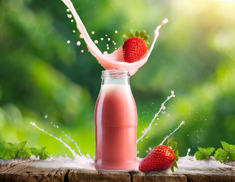 ottle of strawberry juice with milk splash out side the bottle on green nature background, healthy nutrition, copy space, freshness