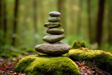 Pyramid stones balance on old mossy fallen tree.