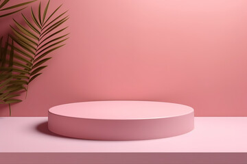 Modern trending lightweight Pink background for product presentation with shadow and light from windows. Empty podium, Mockup 
