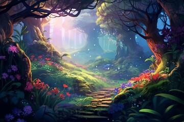 Obraz na płótnie Canvas Lively forest with vibrant colors, dreamlike plants, and misty ambiance. Artful 2D representation. Generative AI