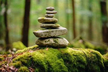 Pyramid stones balance on old mossy fallen tree.