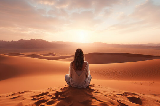 Woman sitting alone on the ridge of a dune in the desert, generative ai 