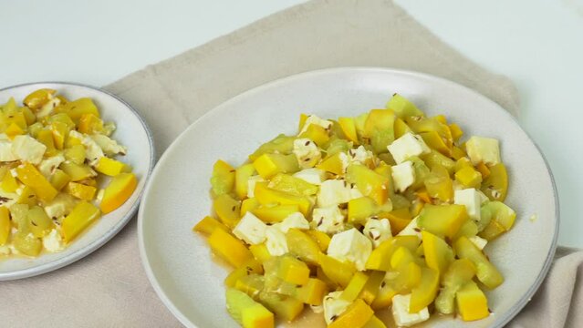 A dietary dish made from zucchini and feta cheese. Close-up. View from above. Keto diet.
