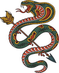 Cobra Snake pierced with an Arrow Color. Old School Style Tattoo. Vector Illustration.