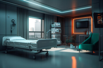 Hospital intensive care ward with empty beds. Modern clinic with advanced equipment. Best medical healthy treatment center