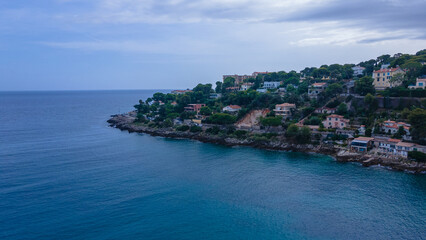 Aerial view of The French Riviera at Menton, France. Photography was shoot from a drone at a higher...