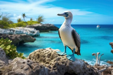 Fototapeta na wymiar The rare blue-footed booby rests on the beach.