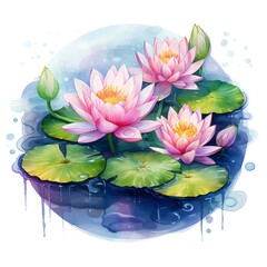 Water Lily in Pond. Watercolor design.