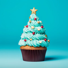 Christmas cupcake in the form of a Christmas tree on a light background. Minimalism. 