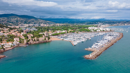 Aerial view of Château de la Napoule at the French Riviera. Photography was shot from a drone at a...
