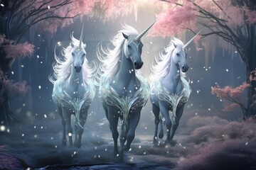 Majestic unicorns with shimmering silver horns - Generative AI