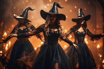 Women in Halloween costumes of witches dance on the party. Halloween celebration. Creepy Halloween costumes