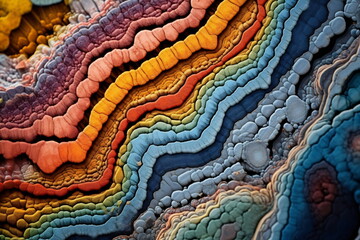 Close-up of beautiful minerals magnified to reveal the microscopic organisms and bacteria that once thrived within it. Intricate patterns and vibrant colors - obrazy, fototapety, plakaty