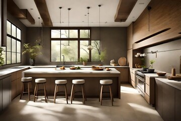 : Zen kitchen with a serene color palette, natural materials, and a tranquil atmosphere.