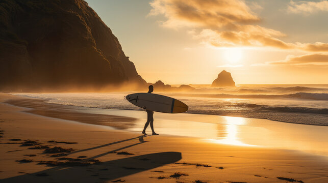 surfer walking on beach at sunset - Powered by Adobe