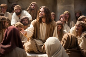 Jesus Christus lehrt und unterrichtet sein Volk und Jünger im Tempel, mit einer Menschenmenge von Zuhörern  - obrazy, fototapety, plakaty