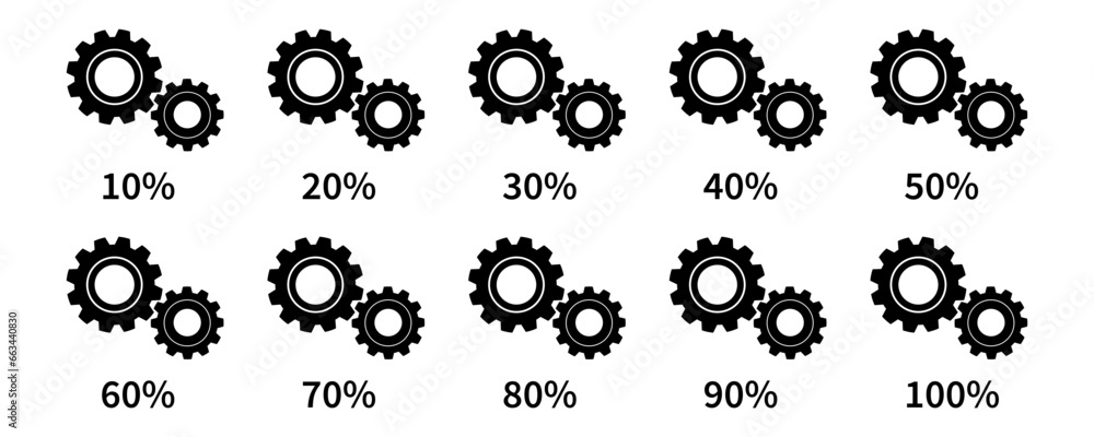 Poster set of download icons. settings level. gear icons set. vector state of completion of the task in per
