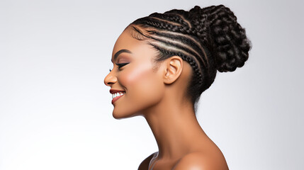beautiful black african american woman with curly long braids and bun. perfect face structure. sharp jawline looking left side profile, generative ai