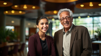 A senior executive mentoring a young Hispanic intern, multicultural business people, with copy space, blurred background