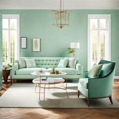  room with a refreshing ambiance. The walls are painted a soothing mint green
