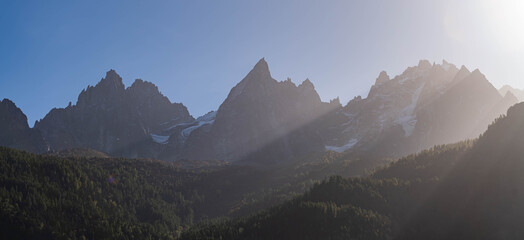 Panorama of the Mont Blanc massif in the French Alps, Chamonix valley, Haute Savoie, France - obrazy, fototapety, plakaty
