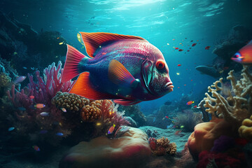Colorful and beautiful underwater world with corals and tropical fish.