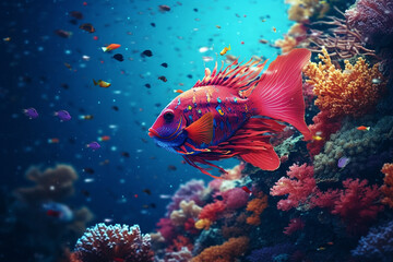 Colorful and beautiful underwater world with corals and tropical fish.